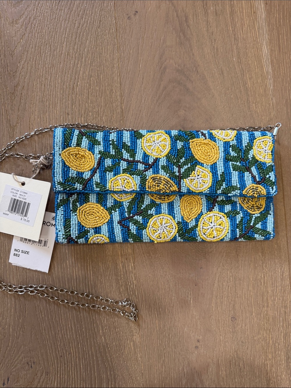 Sol and Met Beaded Lemon Motif Fold-Over Clutch in Yellow, Blue & Green NWT
